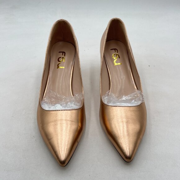 FSJ Gold Bridal Pointed Toe Block Low Heel Crystal Pumps Slip on Wedding Shoes - Picture 3 of 8